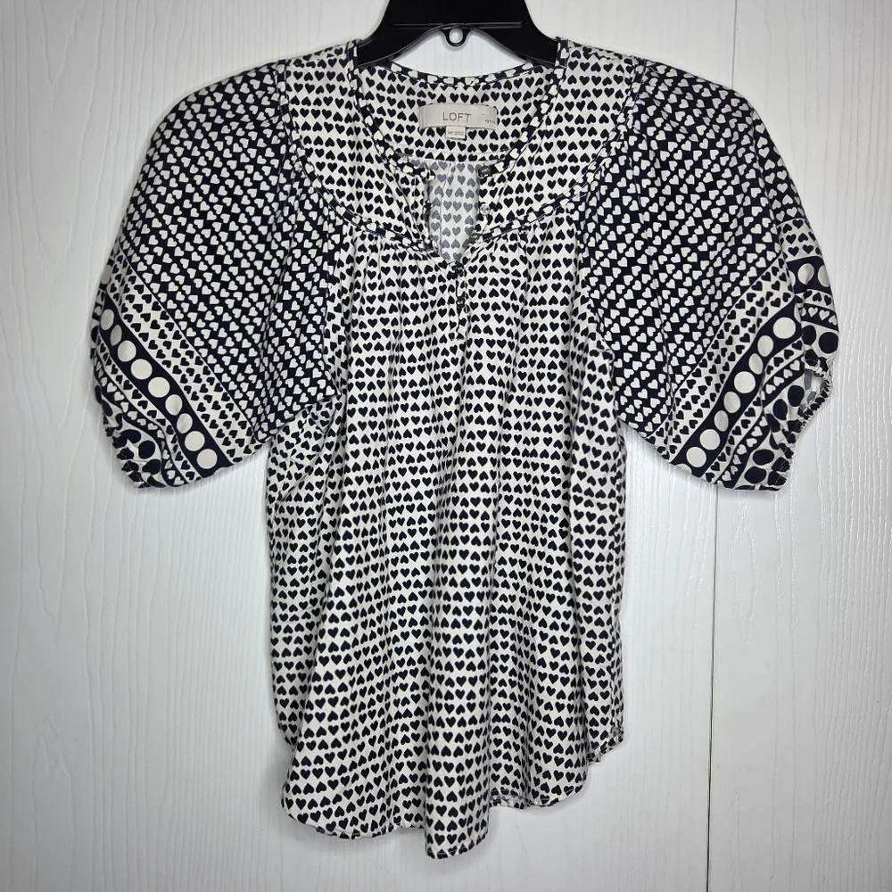 LOFT Navy Blue & White Heart-Print Puff Sleeve Blouse-Size XS Petites